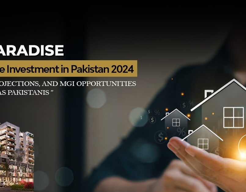 A promotional banner for MGi Paradise, highlighting real estate investment opportunities in Pakistan for 2024, featuring trends, projections, and opportunities for overseas Pakistanis.