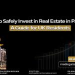 A real estate building with the text "How to Safely Invest in Real Estate in Pakistan? A Guide for UK Residents" and a hand drawing an upward graph, highlighting the potential for growth and investment.