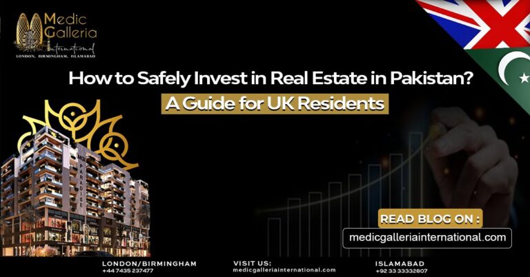 A real estate building with the text "How to Safely Invest in Real Estate in Pakistan? A Guide for UK Residents" and a hand drawing an upward graph, highlighting the potential for growth and investment.