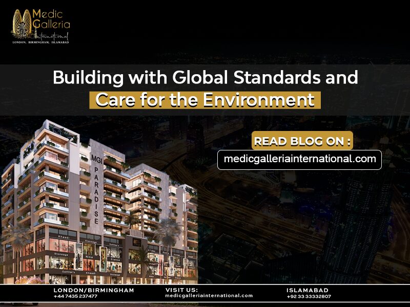 A modern, eco-friendly building with the name "MGI Paradise" prominently displayed. The image emphasizes the building's commitment to global standards and environmental sustainability.