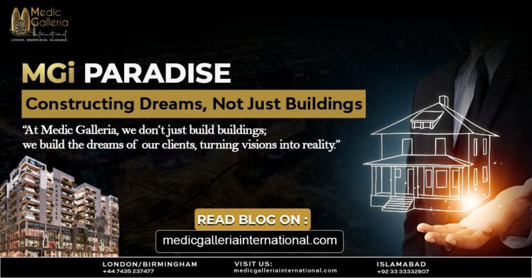 Medic Galleria project, showcasing a modern building and a hand holding a house sketch. Medic Paradise logo and tagline, with a building and house sketch in the background.