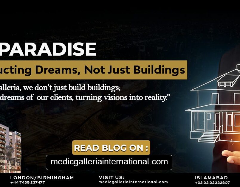 Medic Galleria project, showcasing a modern building and a hand holding a house sketch. Medic Paradise logo and tagline, with a building and house sketch in the background.