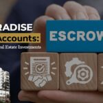 A promotional banner for MGI Paradise's blog about escrow accounts, featuring a modern apartment building and wooden blocks with financial icons and the word 'ESCROW.