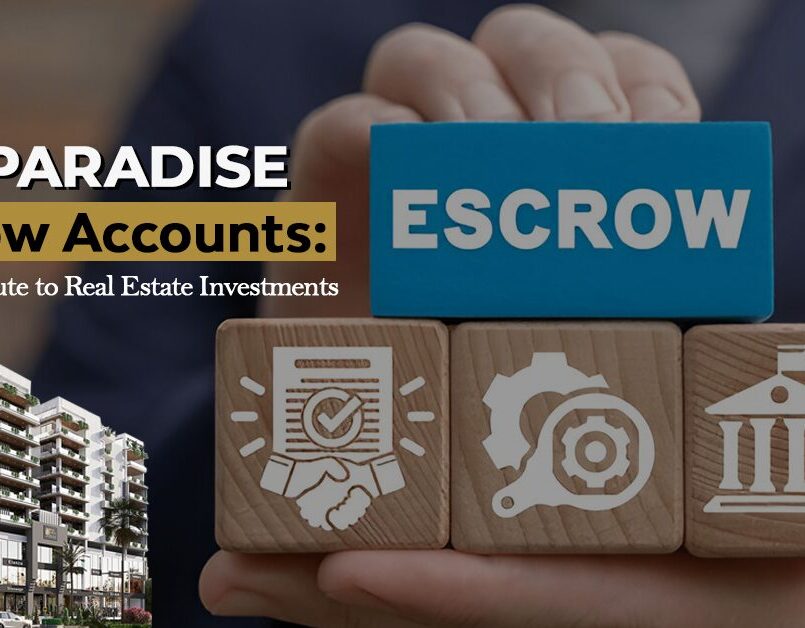 A promotional banner for MGI Paradise's blog about escrow accounts, featuring a modern apartment building and wooden blocks with financial icons and the word 'ESCROW.