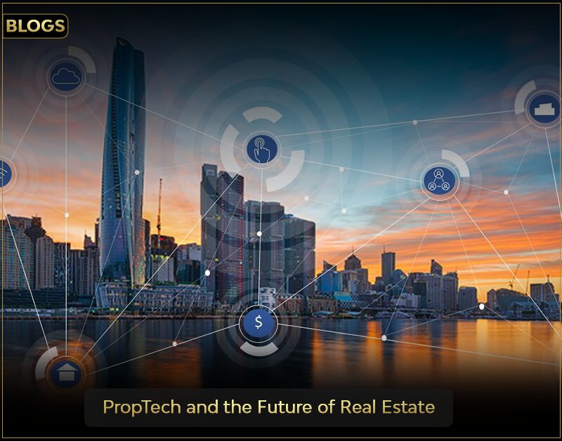 The image shows a city skyline with tall buildings at sunset, overlaid with various digital icons connected by lines, representing technology and connectivity. The text at the bottom reads "PropTech and the Future of Real Estate," indicating a focus on property technology and its impact on the real estate industry. 

The Proptech in real estate with medic galleria international 