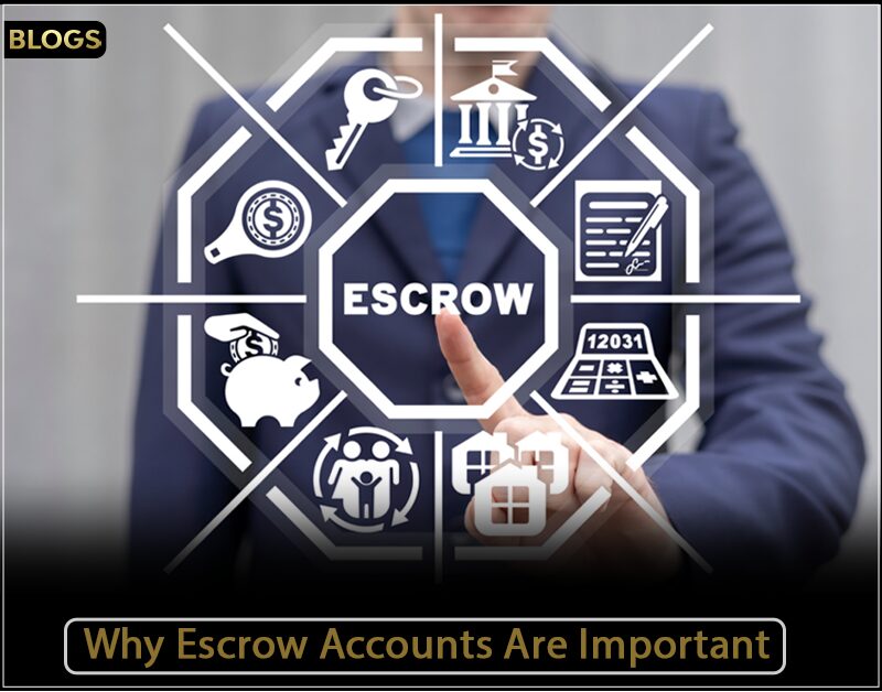 Medic Galleria International: A person in a suit is pointing at a digital interface displaying the word 'ESCROW' in the center, surrounded by icons representing various financial and legal elements such as a key, a bank, a contract, a calculator, a piggy bank, a family, and a house. The text 'Why Escrow Accounts Are Important' is displayed at the bottom.