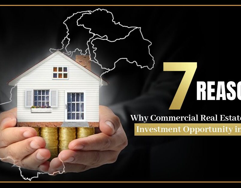 Hands holding a small house model with coins underneath, overlaid on a map of Pakistan, with the text '7 Reasons Why Commercial Real Estate is the Best Investment Opportunity in Pakistan.