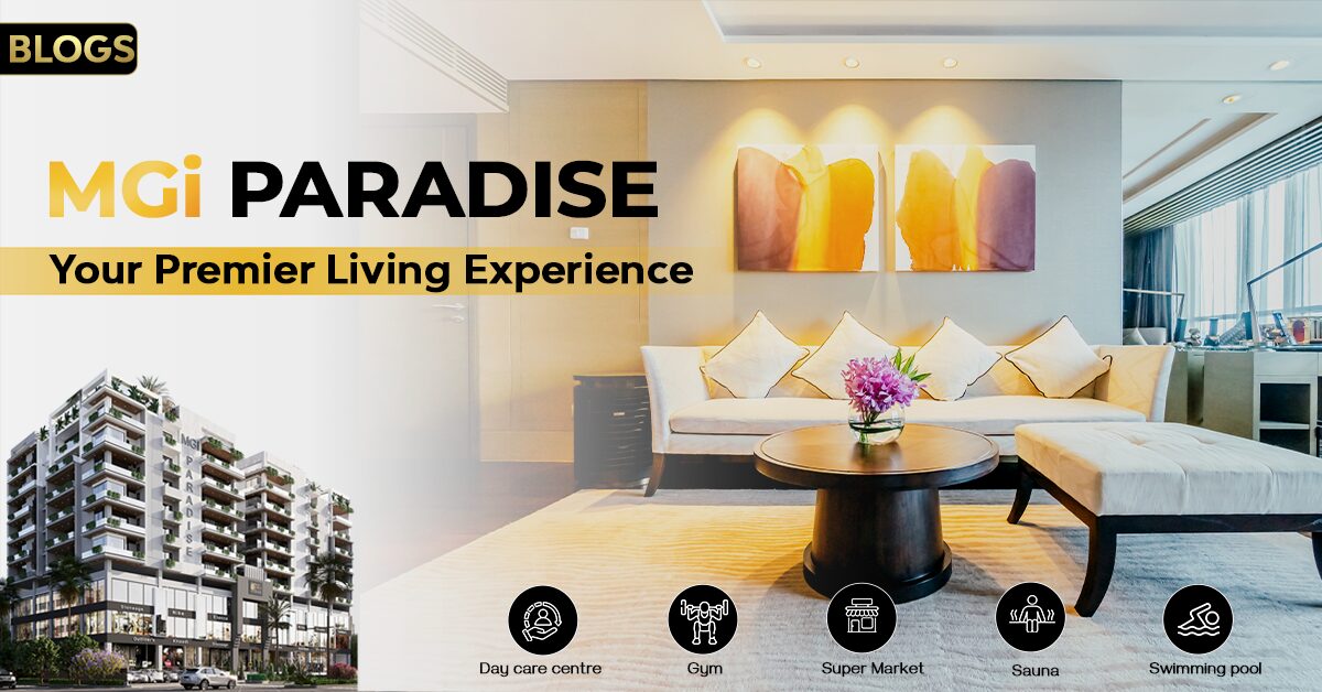 A luxurious living room with modern decor and amenities, representing the premier living experience at MGI Paradise. Your Premier Living Experience